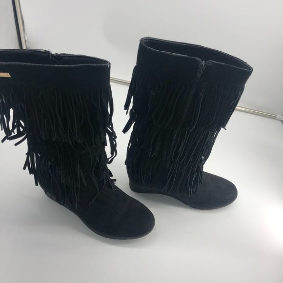 KENNETH COLE Reaction Black Fringe Wedge Boots 5 - Picture 2 of 7